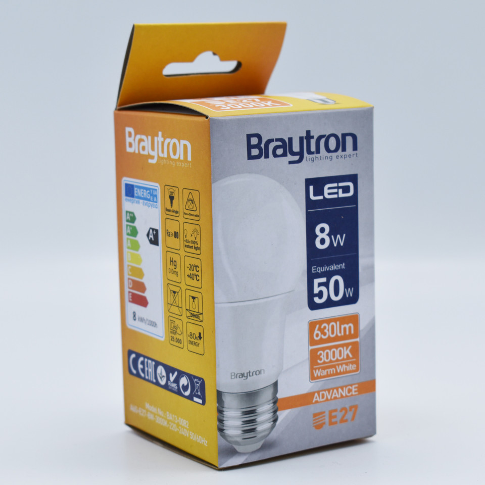 Bec LED 8W(50W) Braytron, A60, E27, 630 lm, lumina calda (3000 K), clasa energetica F