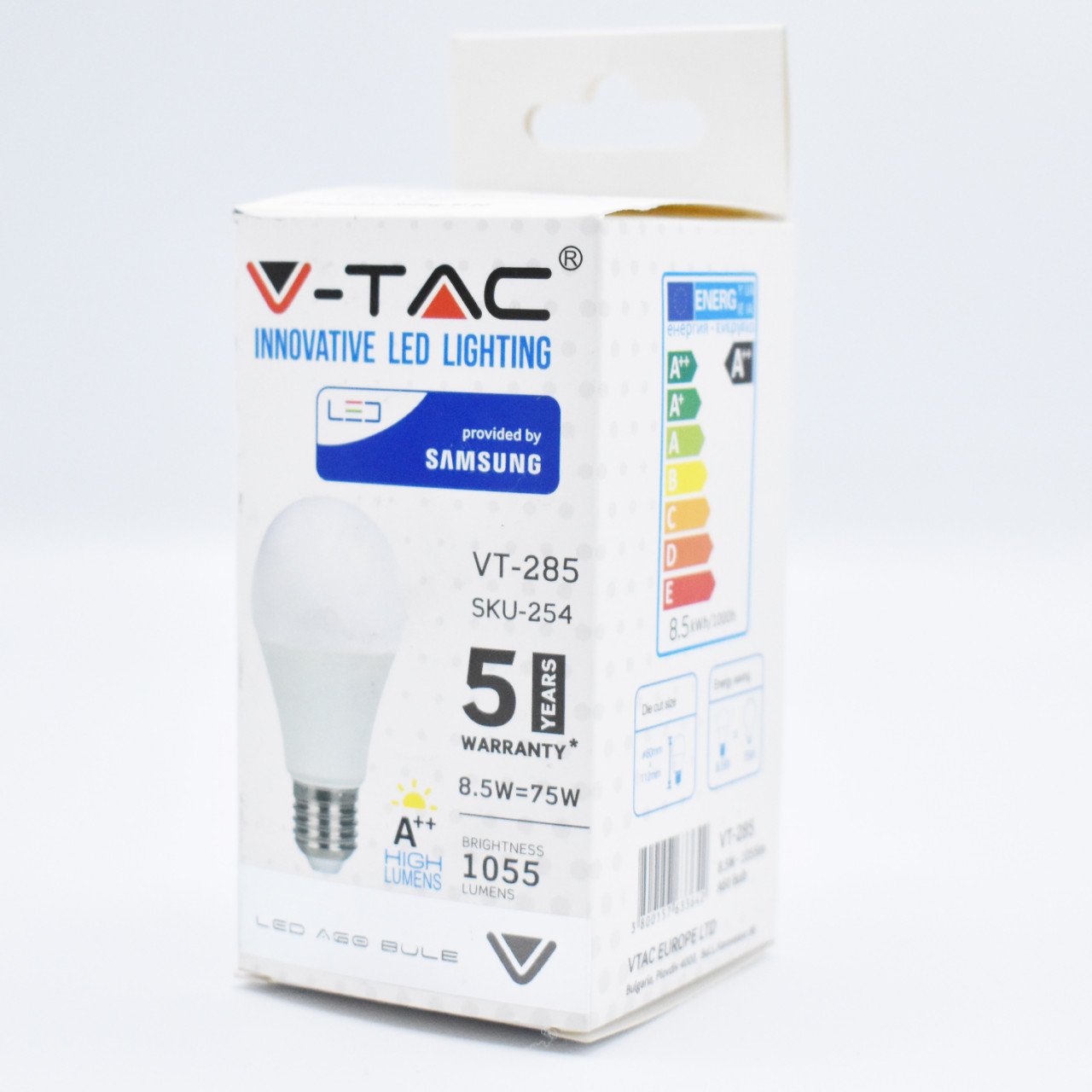 Bec LED cip Samsung 8.5W(75W) V-TAC, E27, A60, 1055 lm, lumina rece (6400K), clasa energetica E