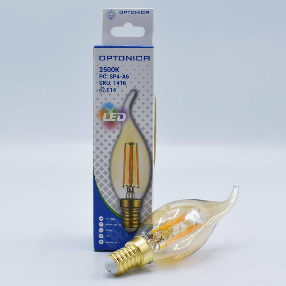 Bec LED flacara Vintage filament 4W(27W) Optonica, C35T, E14, 400 lm, lumina calda (2700K), auriu, dimabil, clasa energetica F - 1 | YEO