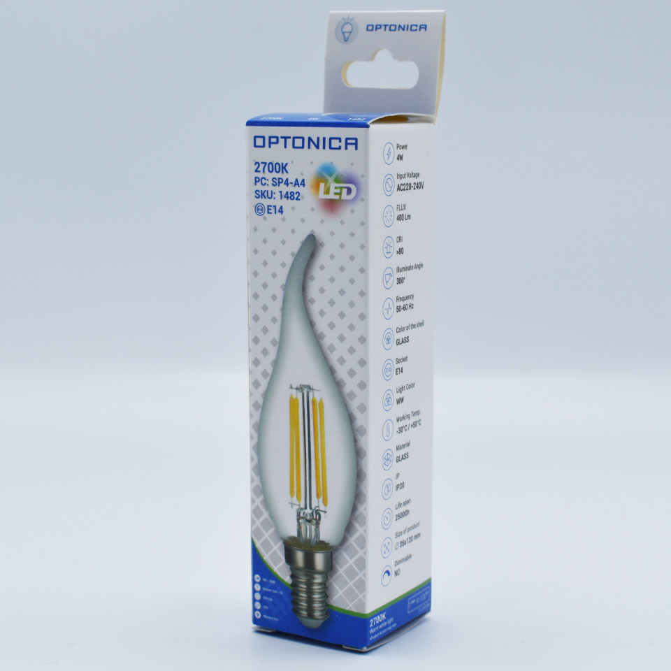 Bec LED flacara Vintage filament 4W(35W) Optonica, E14, C35T, 400 lm, lumina calda (2700K), clar, clasa energetica F