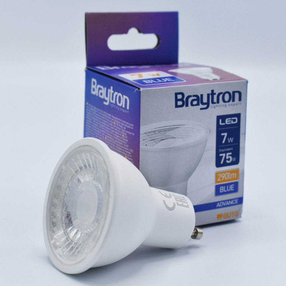 Bec LED GU10 Braytron, 7W(50W), 290 lm, lumina albastra, semitransparent, clasa energetica G - 1 | YEO