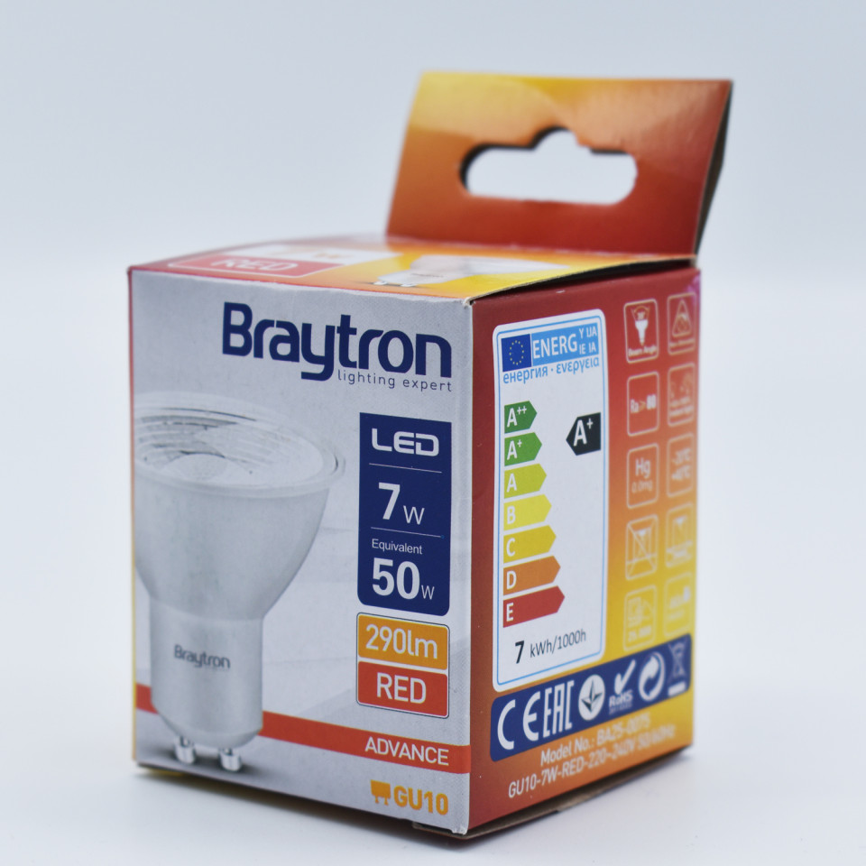 Bec LED GU10 Braytron, 7W(50W), 290 lm, lumina rosie, semitransparent, clasa energetica G