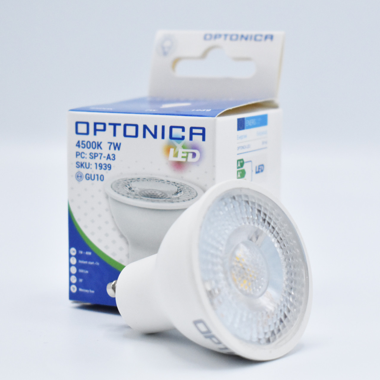 Bec LED GU10 Optonica, 7W(40W), 560 lm, lumina neutra (4500K), semiclar, clasa energetica F - 1 | YEO