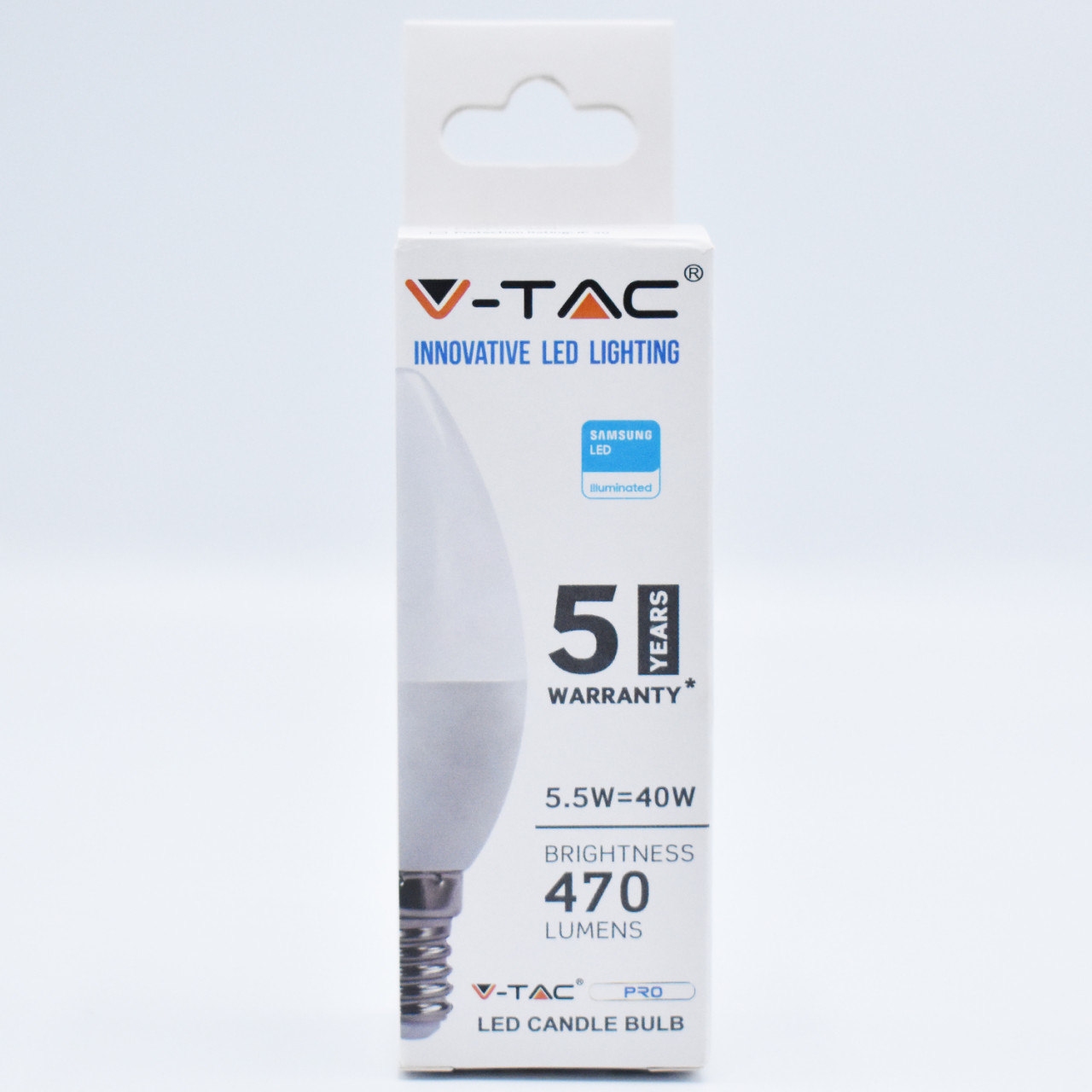 Bec LED lumanare 5.5W(40W) V-TAC, chip Samsung, E14, C37, 470 lm, lumina rece (6400K), clasa energetica G - 2 | YEO