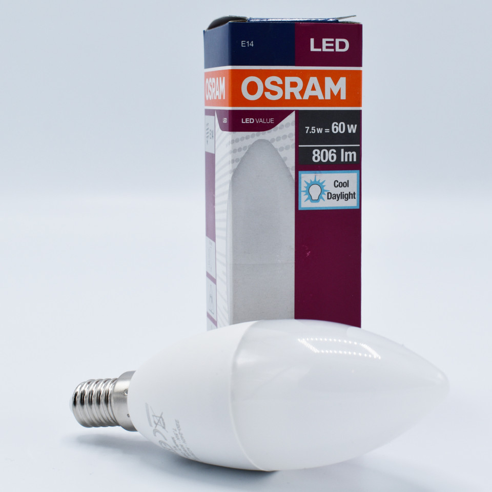 Bec LED lumanare 7.5W(60W) Osram, B40, E14, 806 lm, lumina rece (6500K), clasa energetica F - 1 | YEO