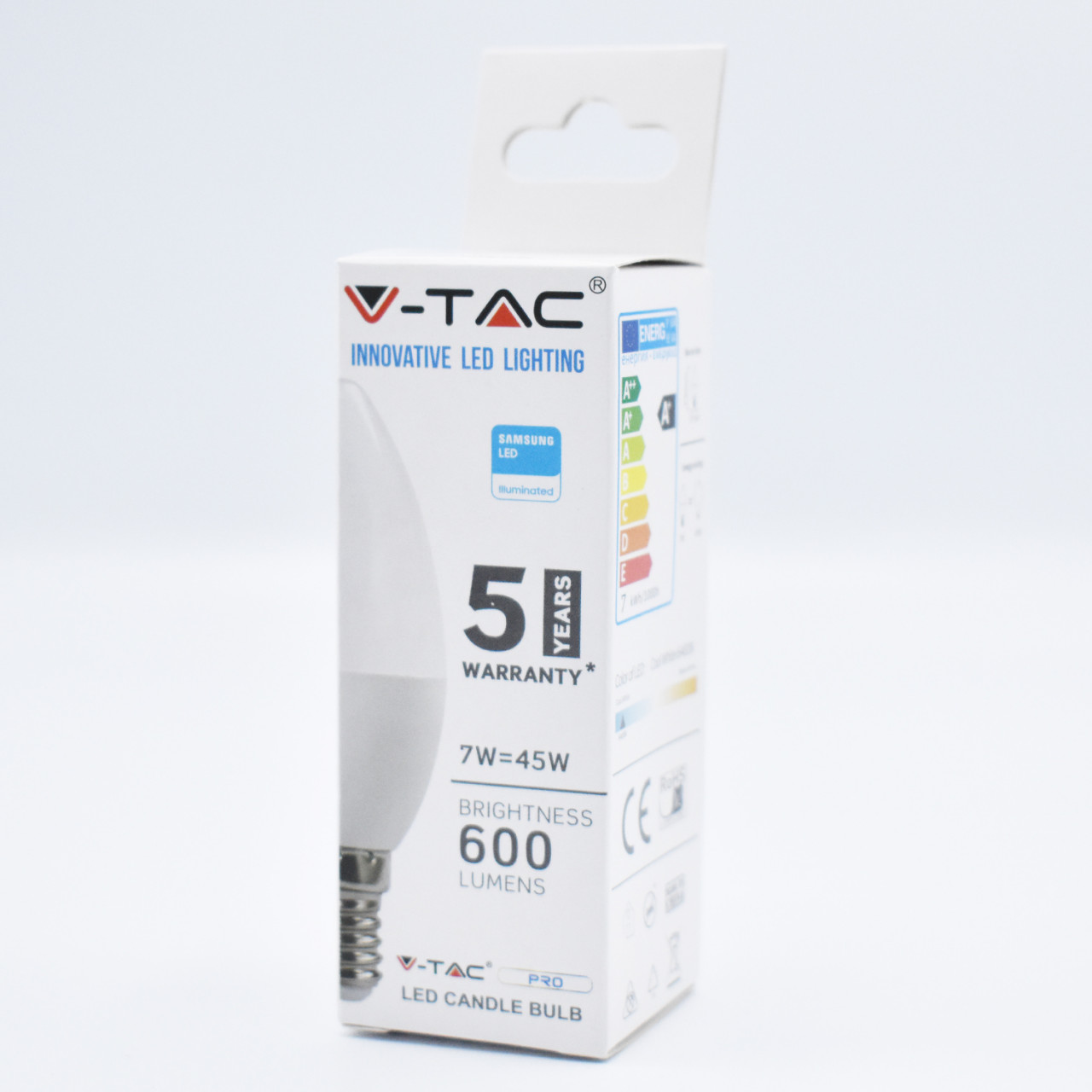 Bec LED lumanare 7W(45W) V-TAC, cip Samsung, E14, C37, 600 lm, lumina rece (6400K), clasa energetica F