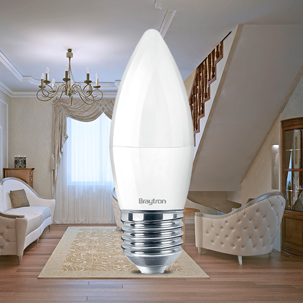 Bec LED lumanare Braytron, 5W(35W), E27, C37, 450 lm, lumina rece (6500K), clasa energetica F - 1 | YEO