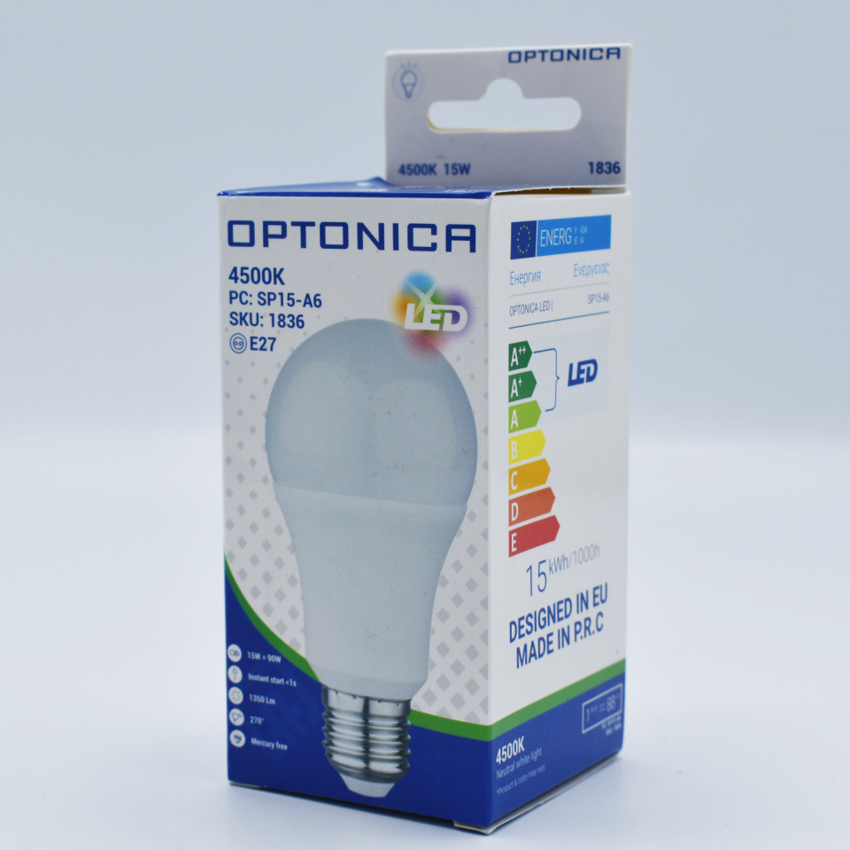 Bec LED Optonica, 15W(100W), E27, A65, 1500 lm, lumina neutra (4500K), clasa energetica F