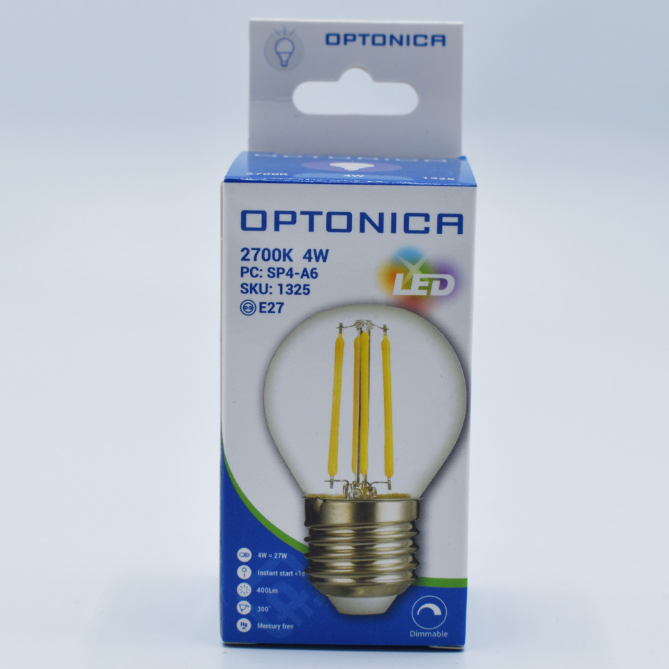 Bec LED sferic Vintage filament 4W(35W) Optonica, G45, E27, 400 lm, lumina calda (2700K), dimabil, clasa energetica F - 2 | YEO