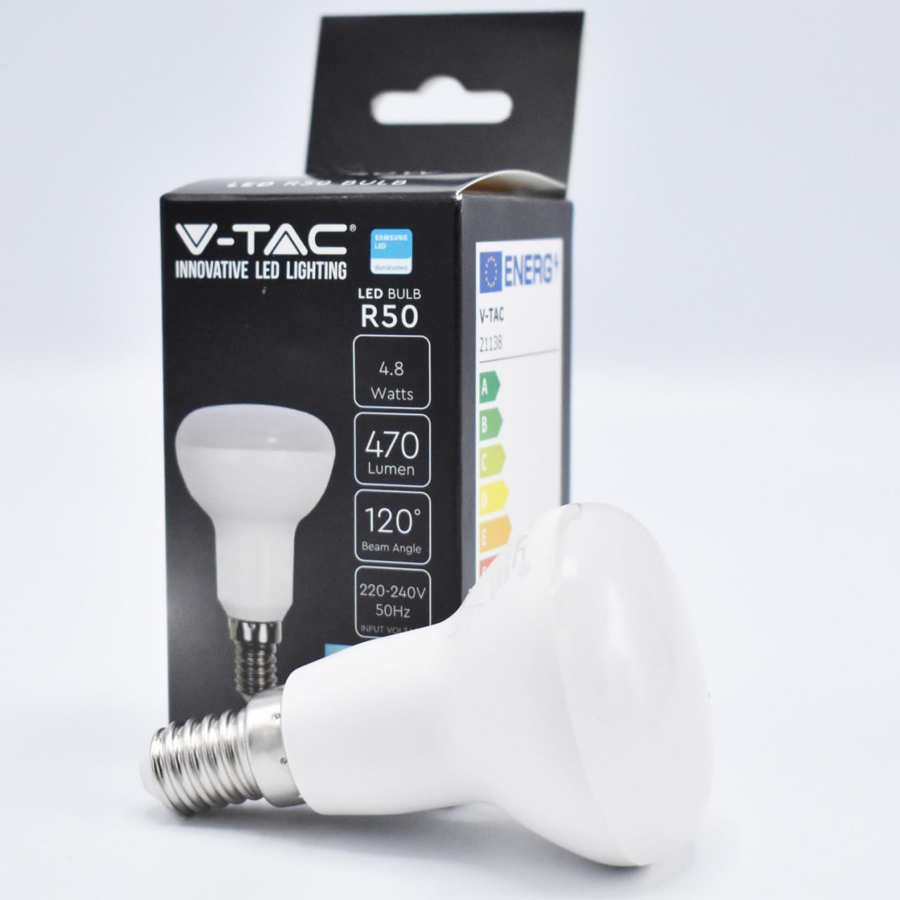 Bec LED V-TAC, 4.8W(40W), R50, E14, 470 lm, lumina calda (3000K), opal, clasa energetica F - 1 | YEO