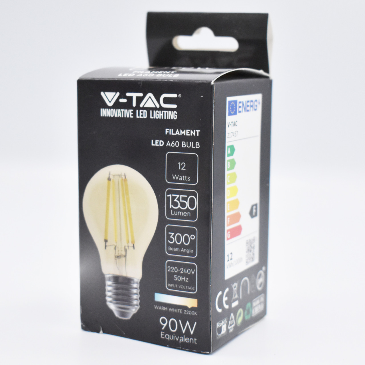 Bec LED V-TAC A60, E27, 12W(90W), 1350 lm, lumina calda (2200K), sticla amber, filament, clasa energetica F