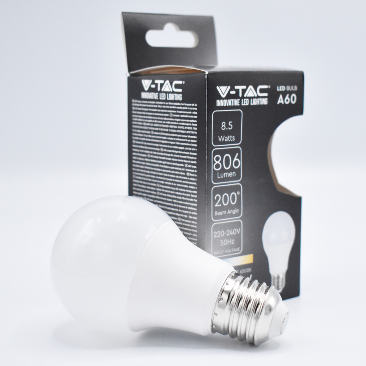 Bec LED V-TAC, E27, 8.5W(60W), 806 lm, lumina rece (6500K), opal, clasa energetica F - 1 | YEO