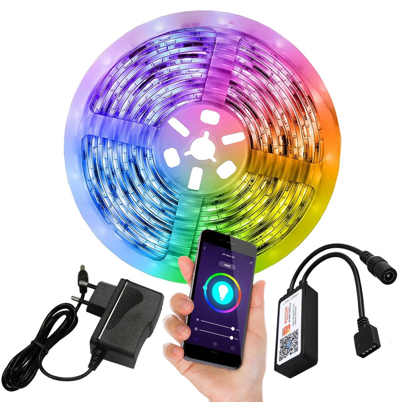 Kit Banda LED 5050, RGB, 5m, Interior, Control prin Telefon, Sincronizare pe Muzica, Timer, Control Vocal, Controller+Alimentare