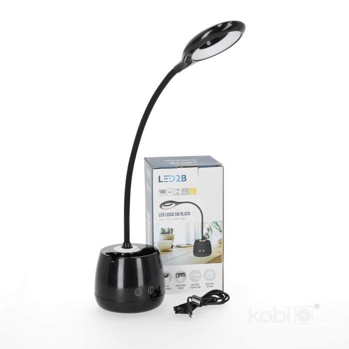 Lampa de birou LED LUSIA 5W, 4000K, portabila, acumulator, suport telefon si pixuri, neagra, Kobi - imagine 7