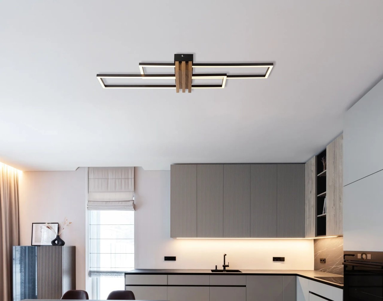 Plafoniera LED dreptunghiulara Dakari, 30W, 1430lm, lumina calda (3000 K), IP20, negru/opal/decor lemn, Globo Lighting