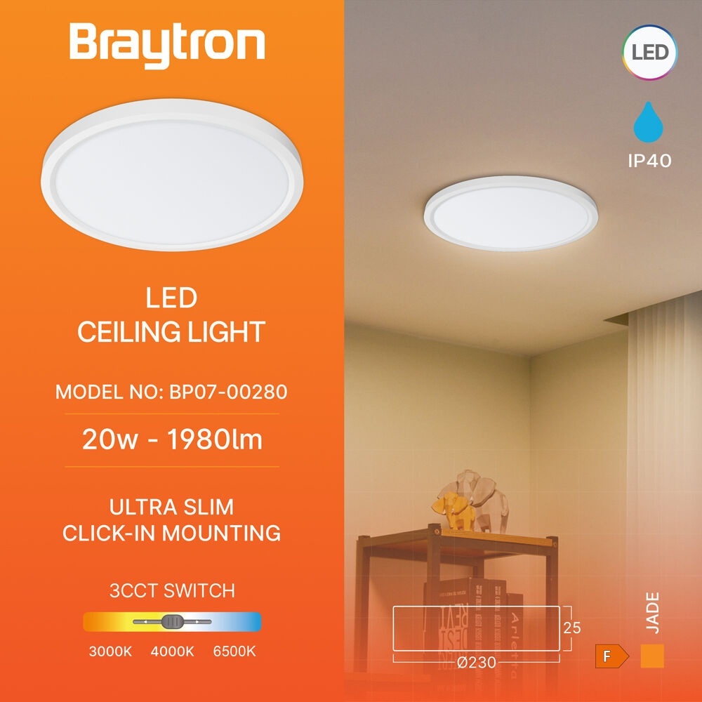 Plafoniera LED Jade 20W, lumina calda/neutra/rece, alba, IP40, Braytron - imagine 3