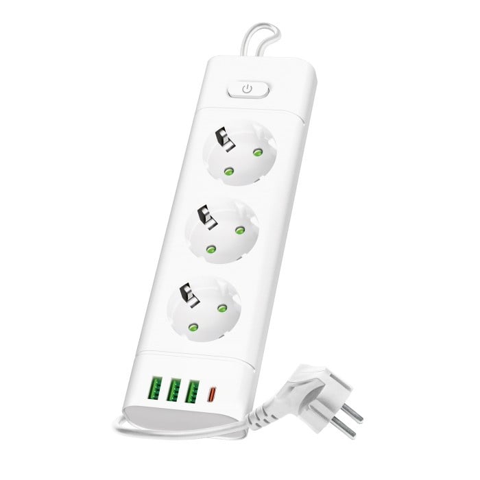 Prelungitor Kobi LINEA PRO XC, cu intrerupator, 3 prize, 1.5m, 3xUSB A, 1xUSB-C, 3250W, alb