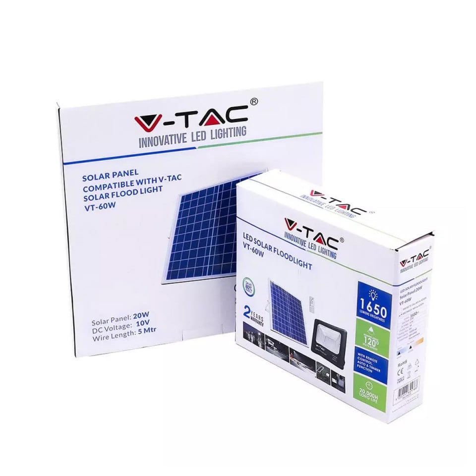 Proiector led cu panou solar 20W, 1650lm, IP65, lumina neutra 4000K, V-TAC - 2 | YEO