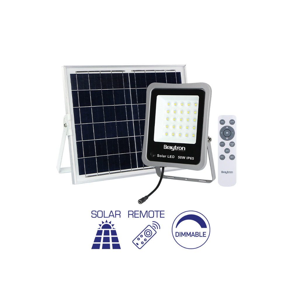 Reflector LED cu panou solar, 100W, 900 lm, lumina rece (6500K), dimabil, cu telecomanda, Braytron