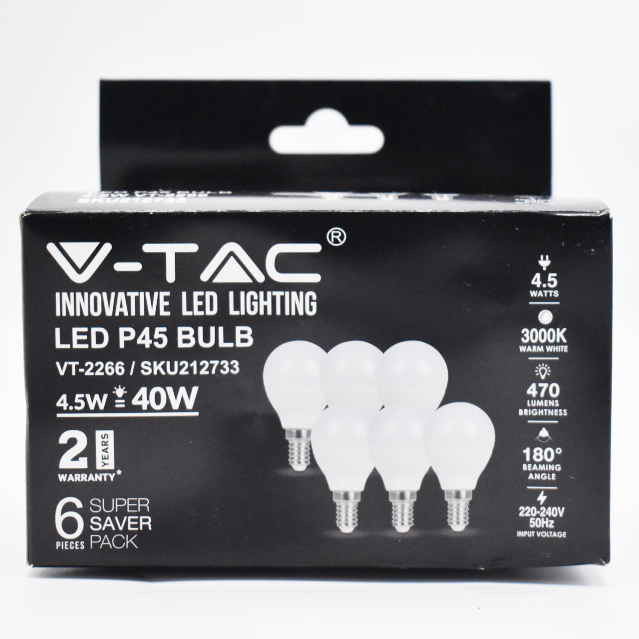 Set 6 becuri LED 4.5W(40W) V-TAC, E14, P45, 470 lm, lumina calda (3000 K), clasa energetica F - 2 | YEO