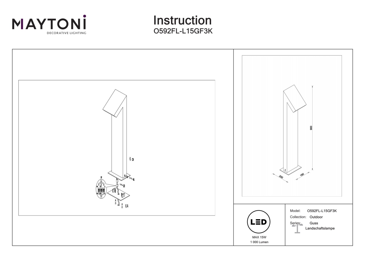 Stalp pentru exterior LED Guss O592FL-L15GF3K, 15W, 1000lm, lumina calda, IP65, grafit, Maytoni - 3 | YEO