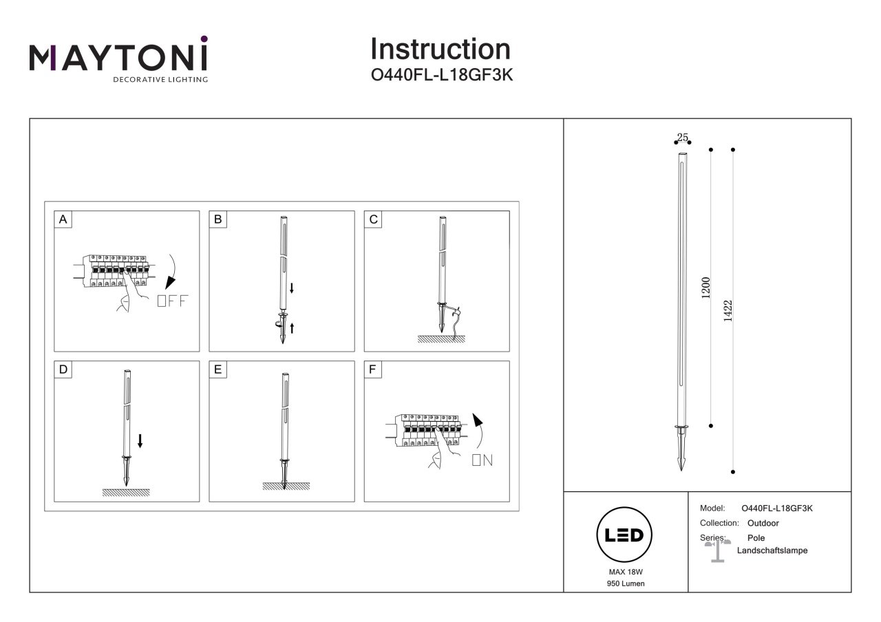 Stalp pentru exterior LED Pole O440FL-L18GF3K, 18W, 950lm, lumina calda, IP65, grafit, Maytoni - 3 | YEO