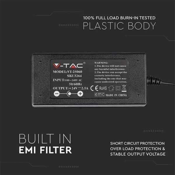 Sursa Alimentare LED V-TAC, 60W, 24V, 2.5A, IP44, plastic - imagine 7
