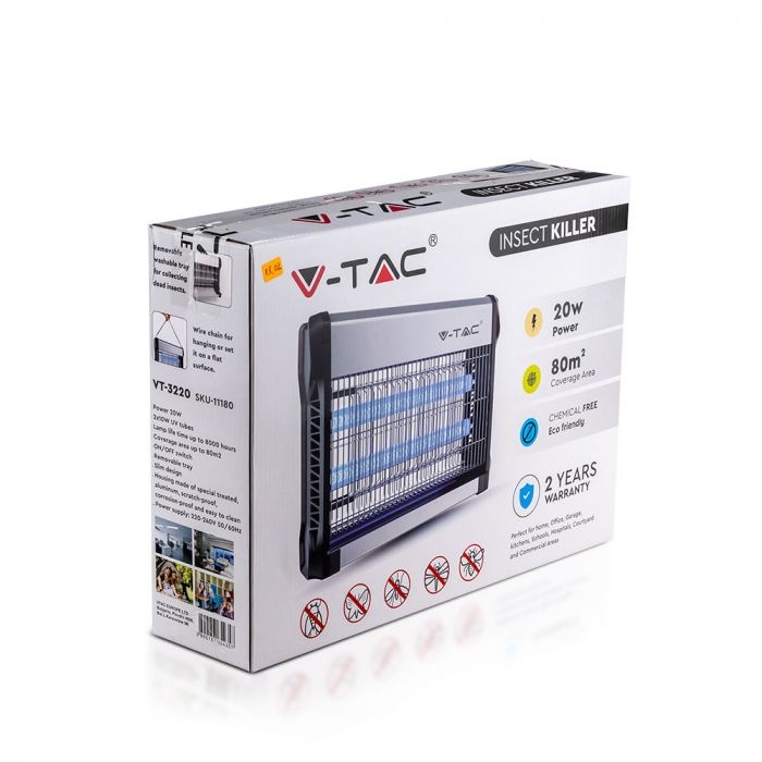 Aparat anti insecte V-TAC VT-3220, 20W, AC 220-240V, aluminiu, EU plug, 80m2 - 1 | YEO