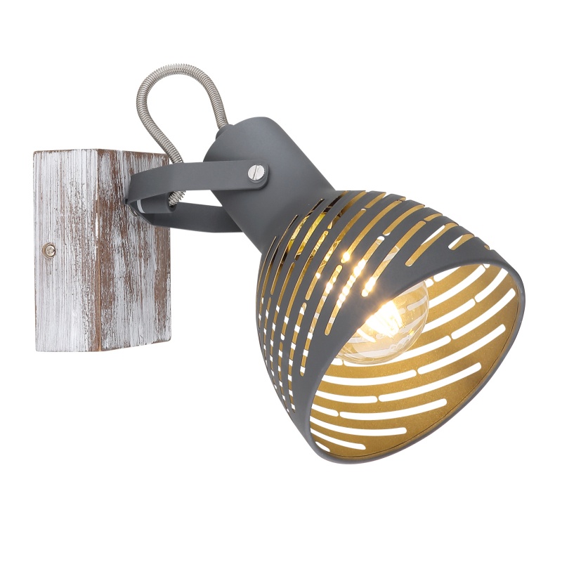 Aplica de perete Mori, 1xE27, IP20, lemn antic/alb si abajur gri metalizat, Globo Lighting