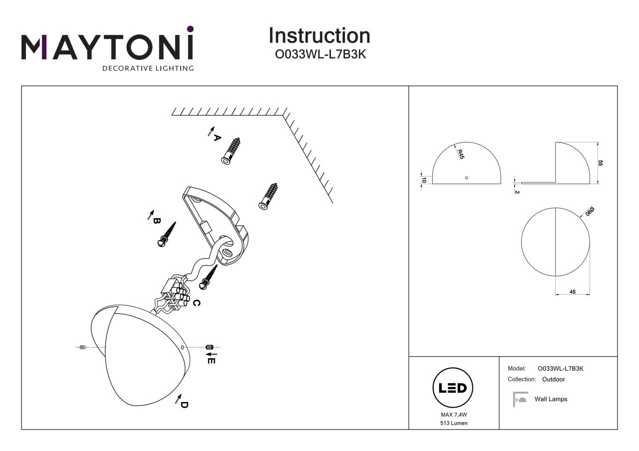 Aplica pentru exterior LED Mezzo O033WL-L7B3K, 7W, 500lm, lumina calda, IP54, neagra, Maytoni - 2 | YEO