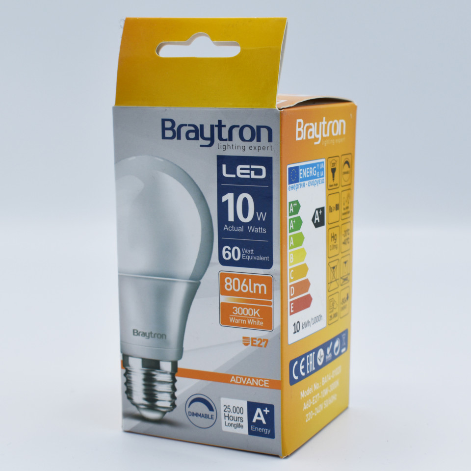 Bec LED 10W(60W) Braytron, A60, E27, 806 lm, lumina calda (3000 K), dimabil, clasa energetica F
