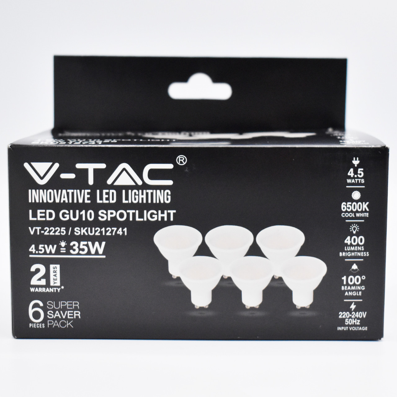 Bec LED 4.5W(35W) V-TAC, GU10, 400 lm, lumina rece (6500K), clasa energetica F - 2 | YEO
