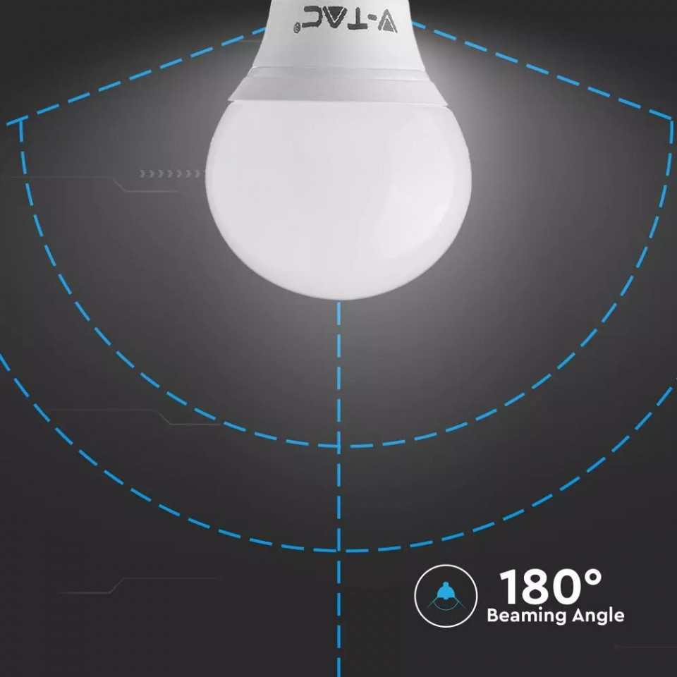 Bec LED 4.5W(40W) V-TAC, sferic P45, E14, 470 lm, lumina neutra (4000K), clasa energetica F - 3 | YEO