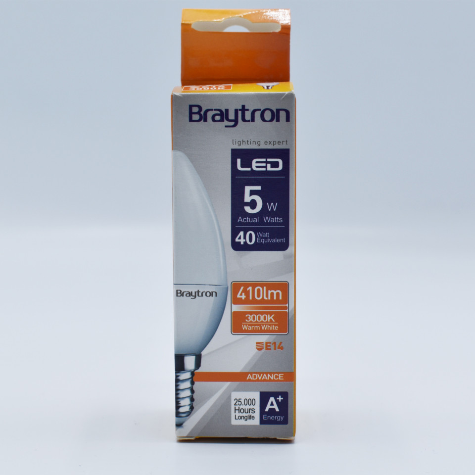 Bec LED 5W(40W) Braytron, C37, E14, 450 lm, lumina calda (3000 K), clasa energetica F - 2 | YEO