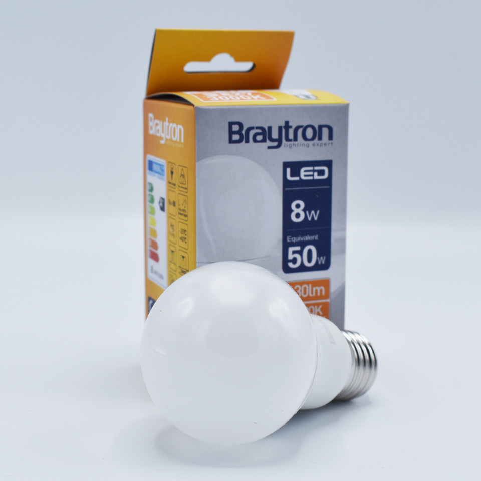 Bec LED 8W(50W) Braytron, A60, E27, 630 lm, lumina calda (3000 K), clasa energetica F - 1 | YEO