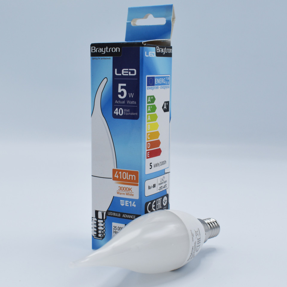 Bec LED Flacara 5W(35W) Braytron, C37T, E14, 410 lm, lumina calda (3000 K), clasa energetica F - 1 | YEO