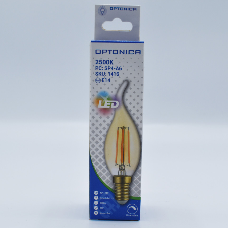 Bec LED flacara Vintage filament 4W(27W) Optonica, C35T, E14, 400 lm, lumina calda (2700K), auriu, dimabil, clasa energetica F - 2 | YEO