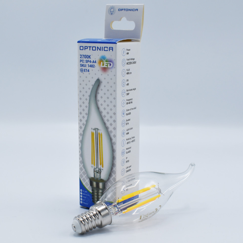 Bec LED flacara Vintage filament 4W(35W) Optonica, E14, C35T, 400 lm, lumina calda (2700K), clar, clasa energetica F - 1 | YEO