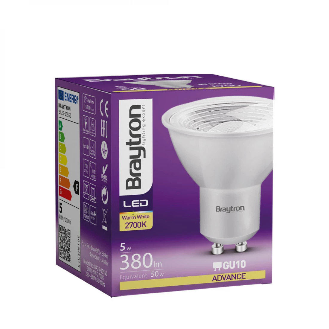 Bec LED GU10 5W(50W) Braytron, 380 lm, lumina calda (3000K), clasa energetica F - 2 | YEO