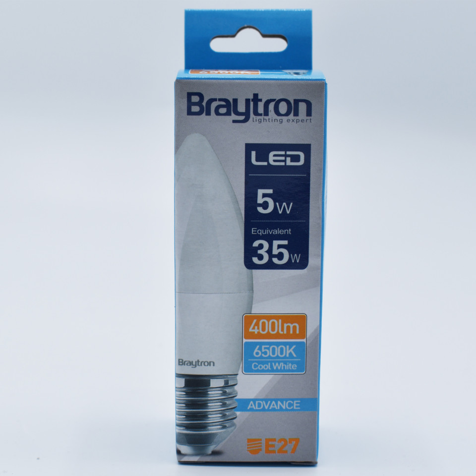 Bec LED lumanare 5W(35W) Braytron, C37, E27, 450 lm, lumina rece (6500 K), clasa energetica F - 2 | YEO