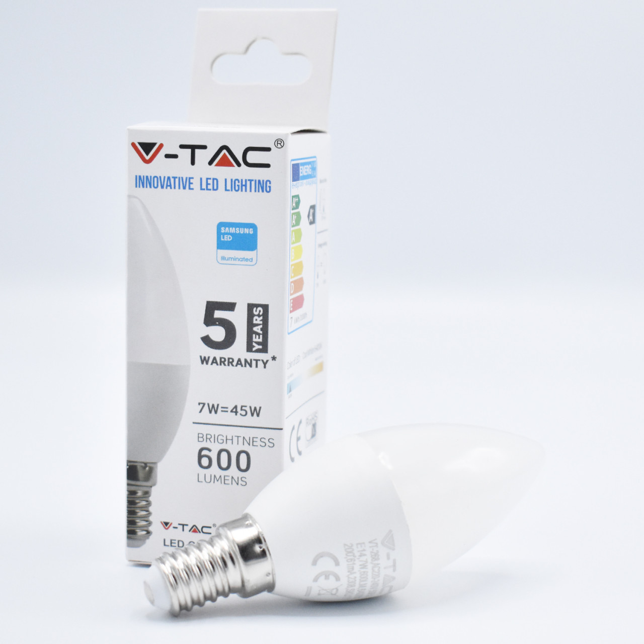Bec LED lumanare 7W(45W) V-TAC, cip Samsung, E14, C37, 600 lm, lumina rece (6400K), clasa energetica F - 1 | YEO