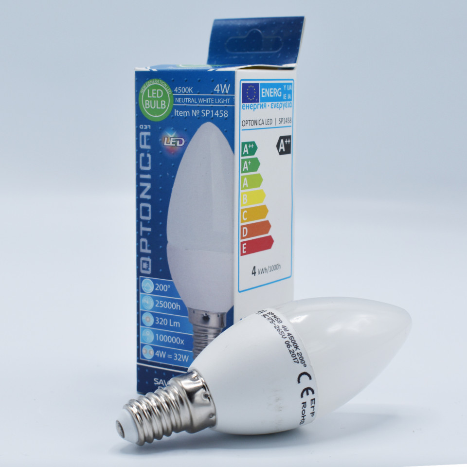 Bec LED lumanare Optonica, 4W(24W), E14, 320 lm, lumina naturala (4500K), clasa energetica G - 1 | YEO