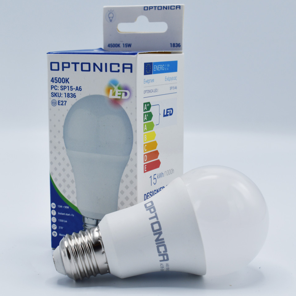 Bec LED Optonica, 15W(100W), E27, A65, 1500 lm, lumina neutra (4500K), clasa energetica F - 1 | YEO