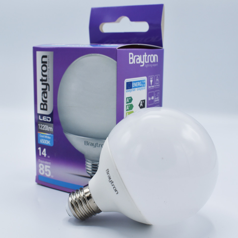 Bec LED Sferic 14W(90W) Braytron, G95, E27, 1360 lm, lumina rece (6500 K), opal, clasa energetica F - 1 | YEO