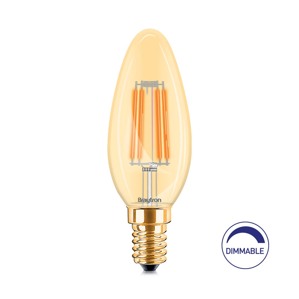 Bec led sferic Vintage filament 4W (23W), E14, C37, 350lm, dimabil, lumina calda (2200K), auriu, Braytron