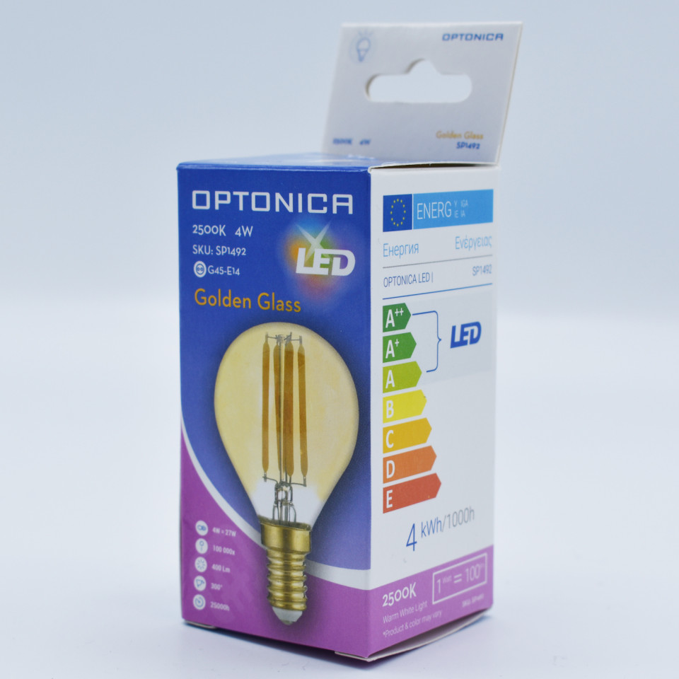 Bec LED sferic Vintage filament 4W(27W) Optonica, E14, G45, 400 lm, lumina calda (2800K), clasa energetica F