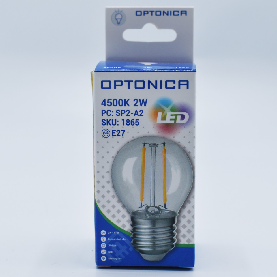 Bec LED sferic Vintage Optonica, 2W(17W), E27, G45, 250 lm, lumina neutra (4500K), clar, clasa energetica E - 2 | YEO