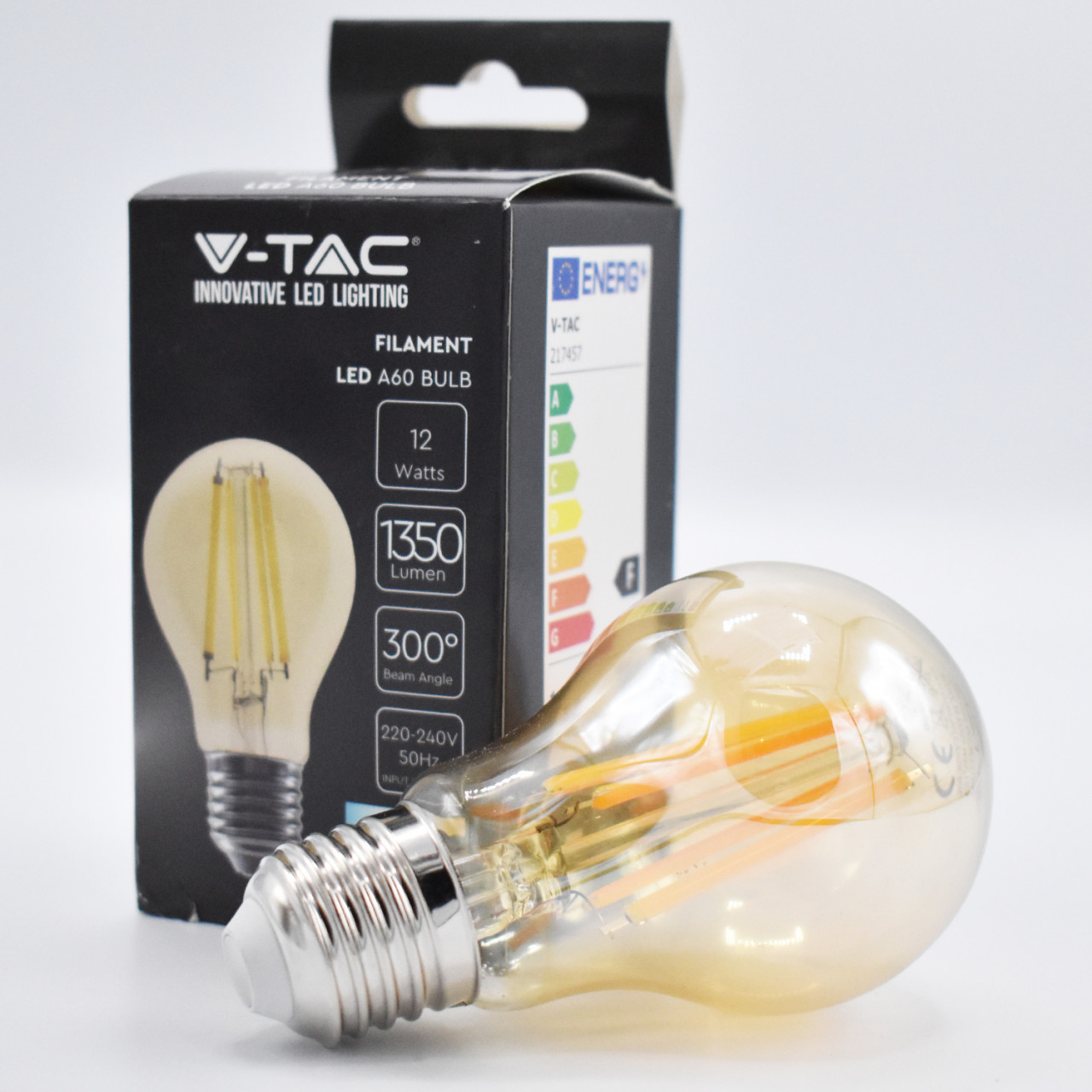 Bec LED V-TAC A60, E27, 12W(90W), 1350 lm, lumina calda (2200K), sticla amber, filament, clasa energetica F - 1 | YEO