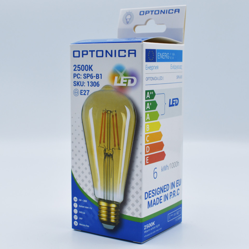 Bec LED Vintage filament, avocado 6W(36W) Optonica, ST64, E27, 540 lm, lumina calda (2800K), auriu, clasa energetica F