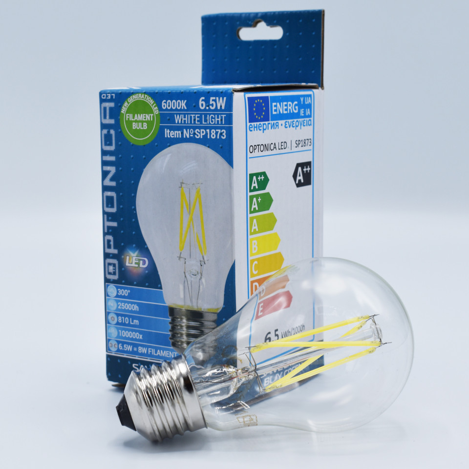 Bec LED Vintage filament Optonica, 6.5W(56W), E27, A60, 810 lm, lumina rece (6000K), clasa energetica E - 1 | YEO